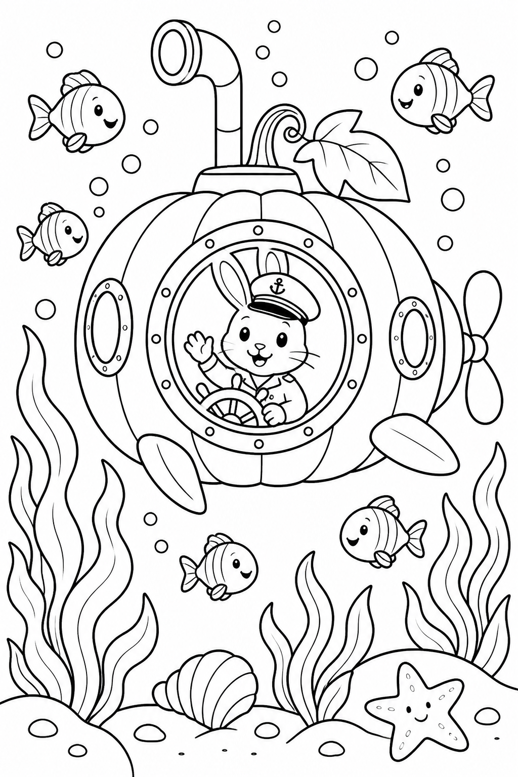 A rabbit captain waves from a pumpkin-shaped submarine among smiling fish, seaweed and a starfish. A friendly underwater Halloween adventure.