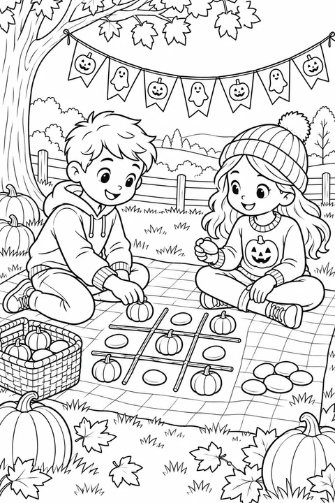 Two children play tic-tac-toe with little pumpkins and pebbles on a picnic blanket beneath Halloween bunting.