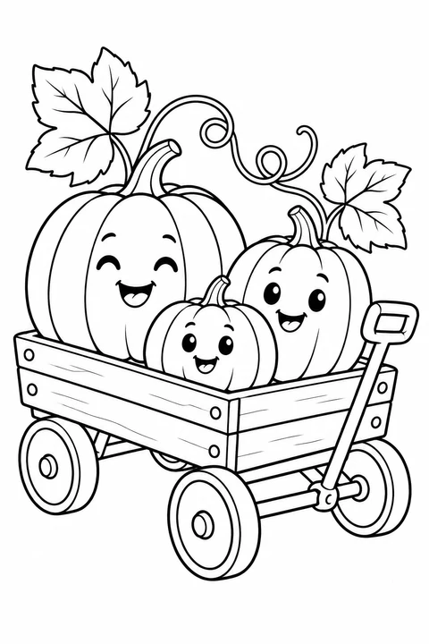 Three cheerful pumpkins with curling vines ride in a little wooden wagon.