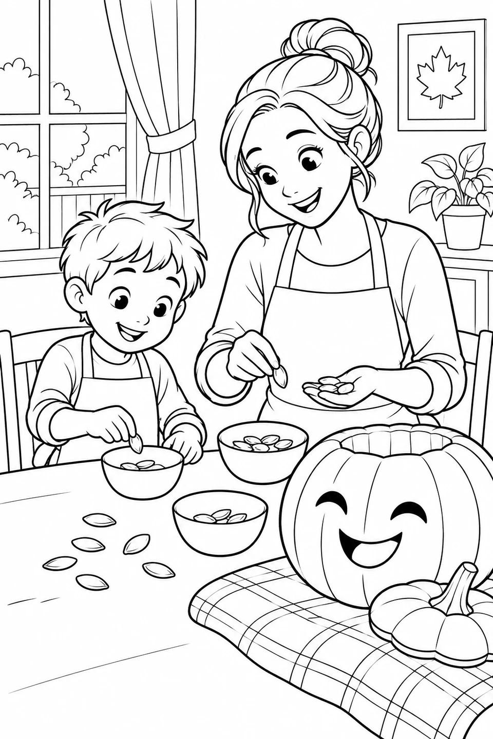 Eine Mutter und ihr Kind sortieren Kürbiskerne in kleine Schalen neben einem ausgehöhlten, lächelnden Kürbis. Eine ruhige Halloween-Szene am Küchentisch.