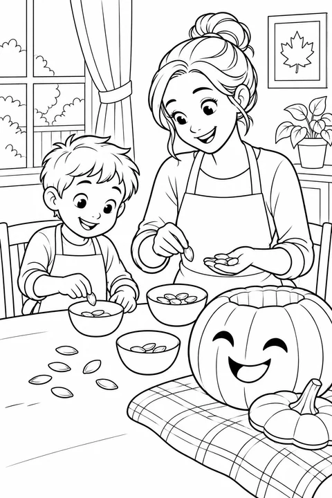 A mother and child sort pumpkin seeds into little bowls beside a hollow smiling pumpkin. Color this calm Halloween activity at the kitchen table.