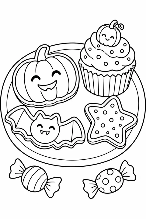 Pumpkin, bat and star cookies share a plate with a pumpkin-topped cupcake, beside wrapped sweets.