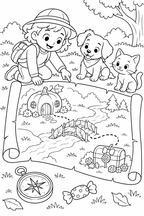 A child, puppy and kitten study a map with a pumpkin cottage, leaf bridge and candy chest. Follow the dotted path and color their pretend adventure.