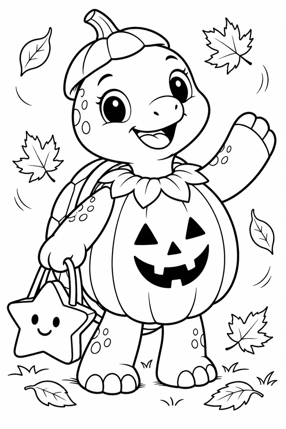 A smiling turtle wears a pumpkin costume and carries a bag decorated with a star.