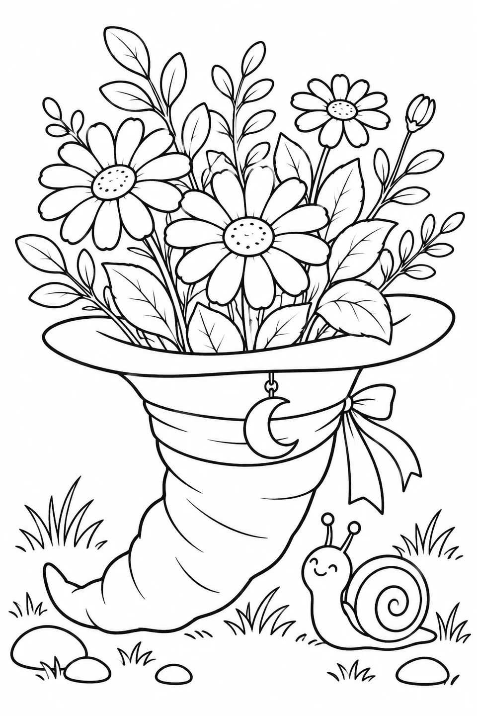 Daisies and leafy stems grow from an upside-down witch hat beside a smiling snail.
