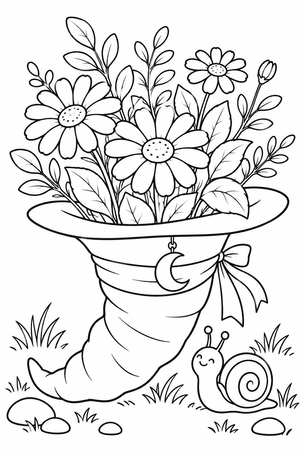 Daisies and leafy stems grow from an upside-down witch hat beside a smiling snail.