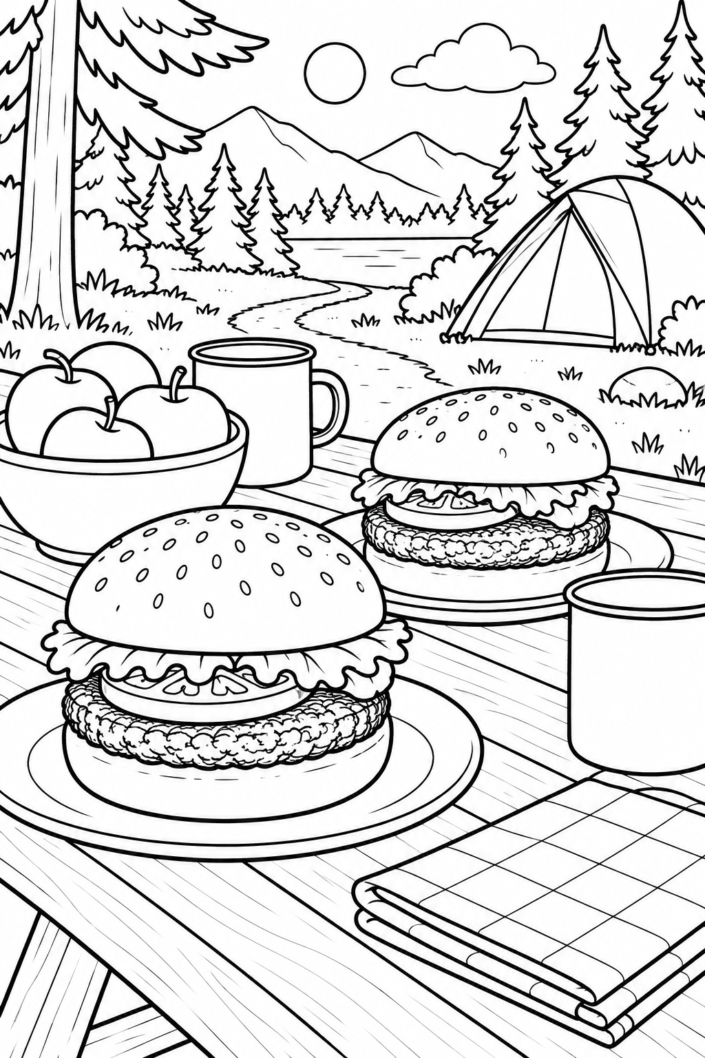 Due hamburger, tazze e mele occupano il tavolo da picnic, con una tenda, pini e montagne sullo sfondo.
