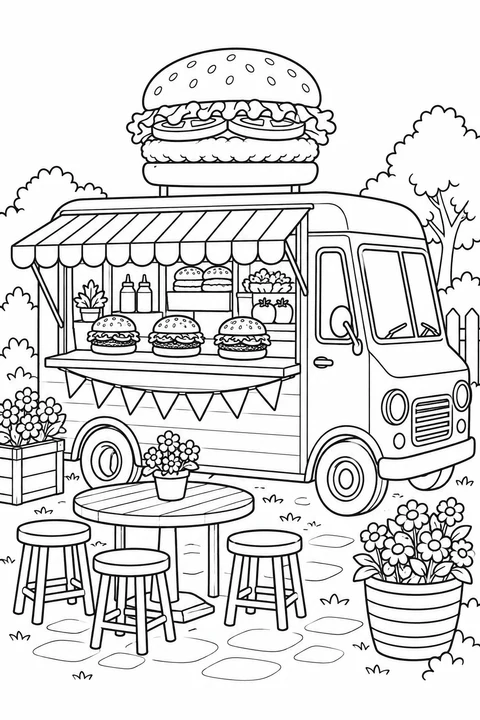 A hamburger food truck with an awning, outdoor seating and flowers.