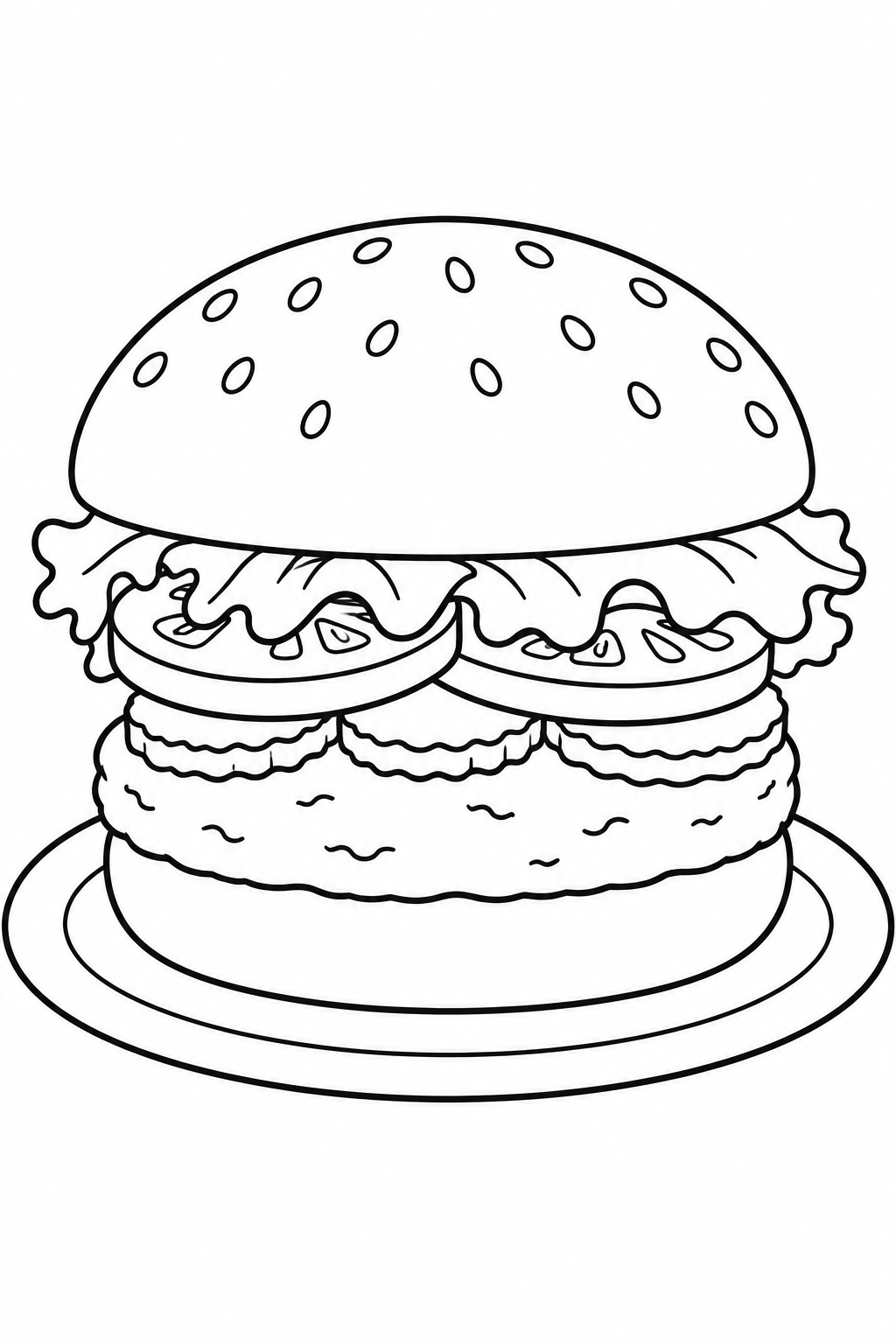 A classic hamburger with lettuce, tomato and pickles on a plate.