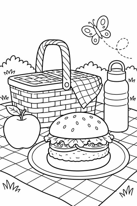 A hamburger picnic with a basket, apple and water bottle.