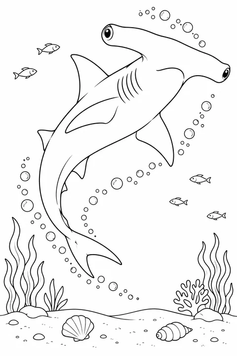 A hammerhead curves upward along a trail of bubbles, above shells and sea plants.