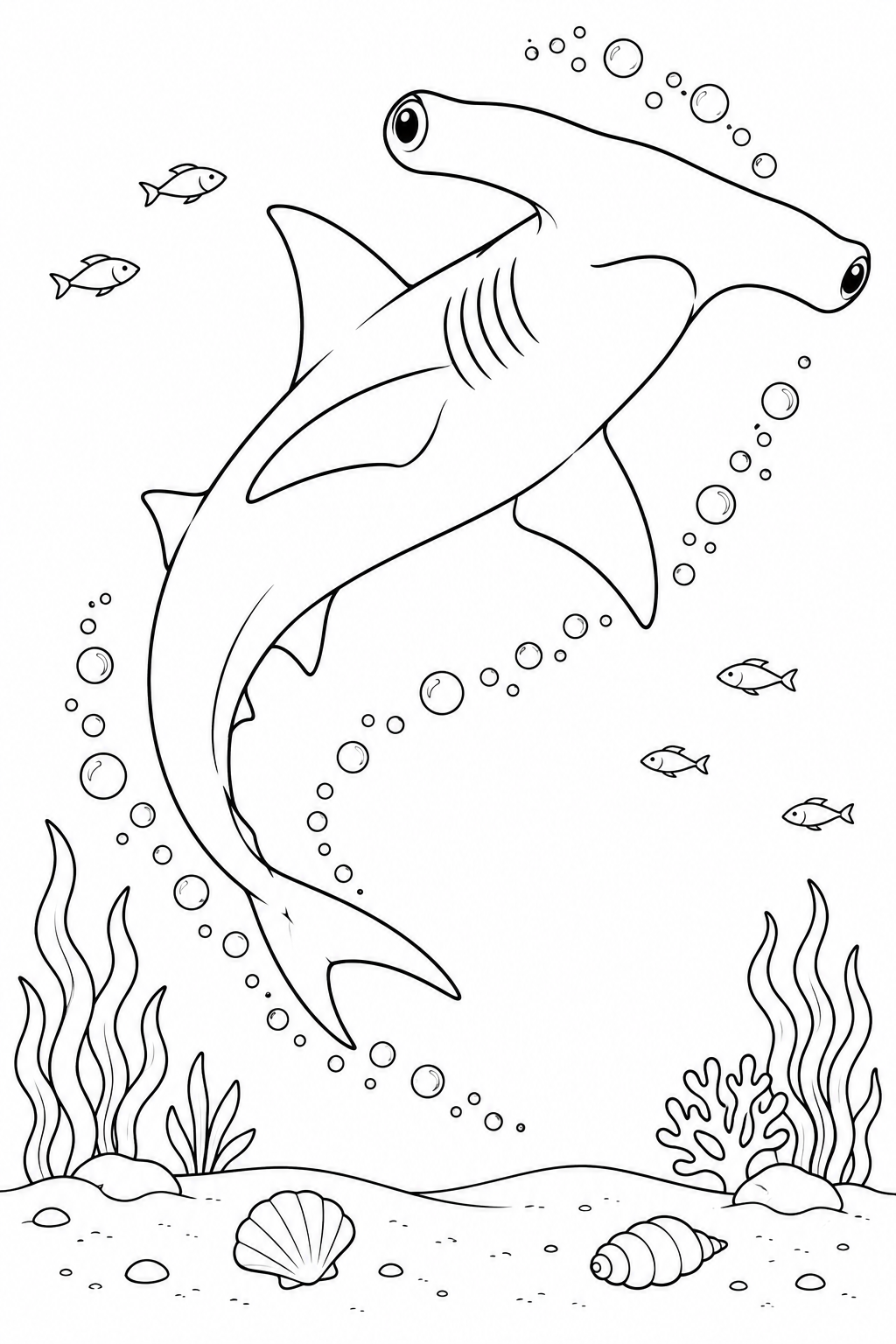 A hammerhead curves upward along a trail of bubbles, above shells and sea plants.