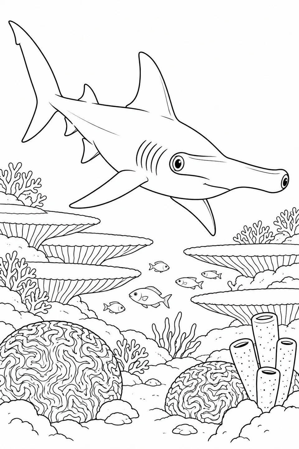 A hammerhead glides above layered table corals, brain corals and small reef fish.