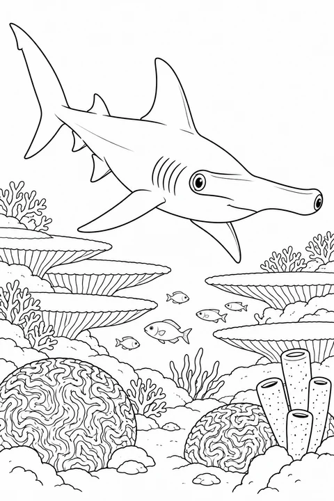 A hammerhead glides above layered table corals, brain corals and small reef fish.