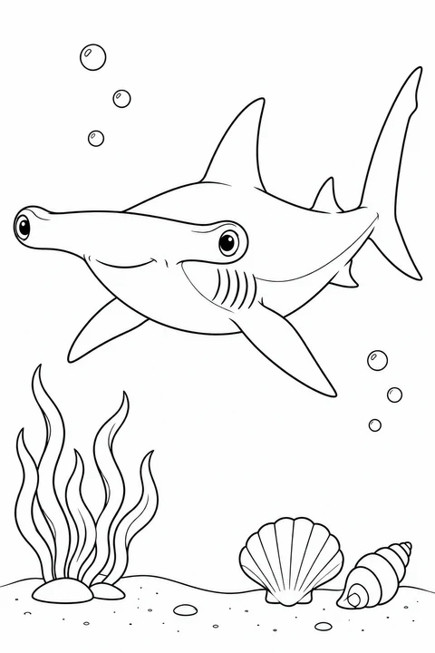 A smiling hammerhead swims above two shells and a tuft of sea plants, with bubbles around it.
