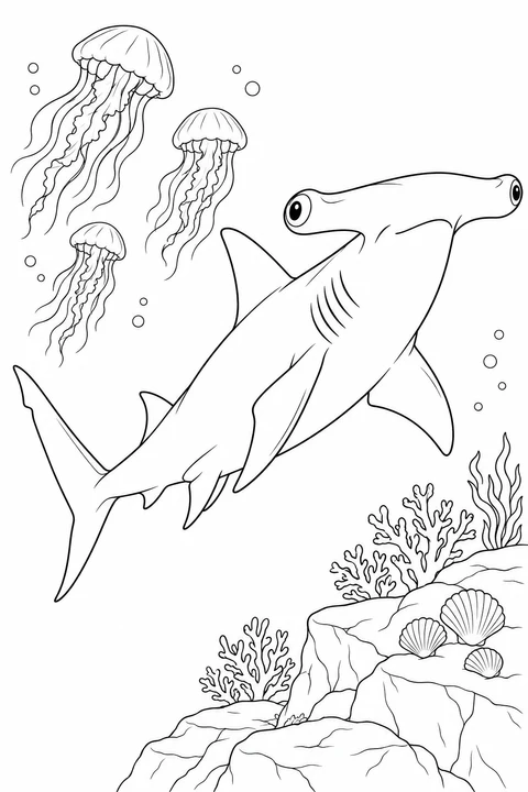 A hammerhead swims upward beside three jellyfish, above a rocky ledge with shells and coral.