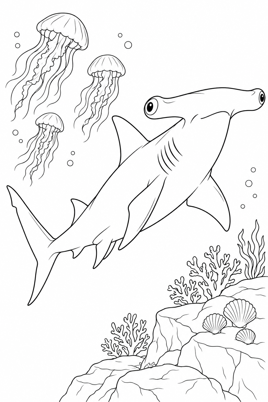 A hammerhead swims upward beside three jellyfish, above a rocky ledge with shells and coral.