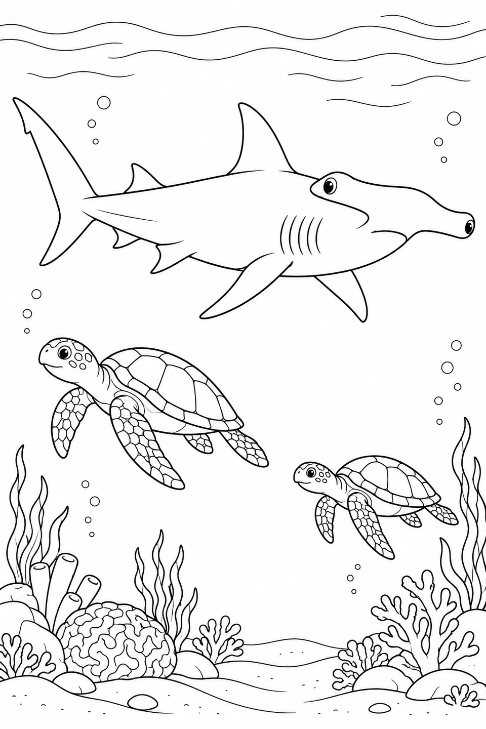 A hammerhead glides above two sea turtles, with corals and sea plants on the sandy bottom.