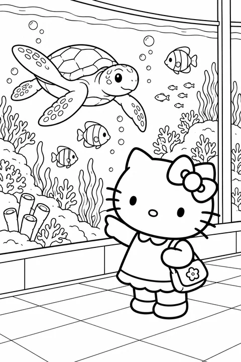 Hello Kitty kijkt door het aquariumglas naar een zeeschildpad en vissen. Waterplanten en rotsen maken het onderwaterlandschap compleet.