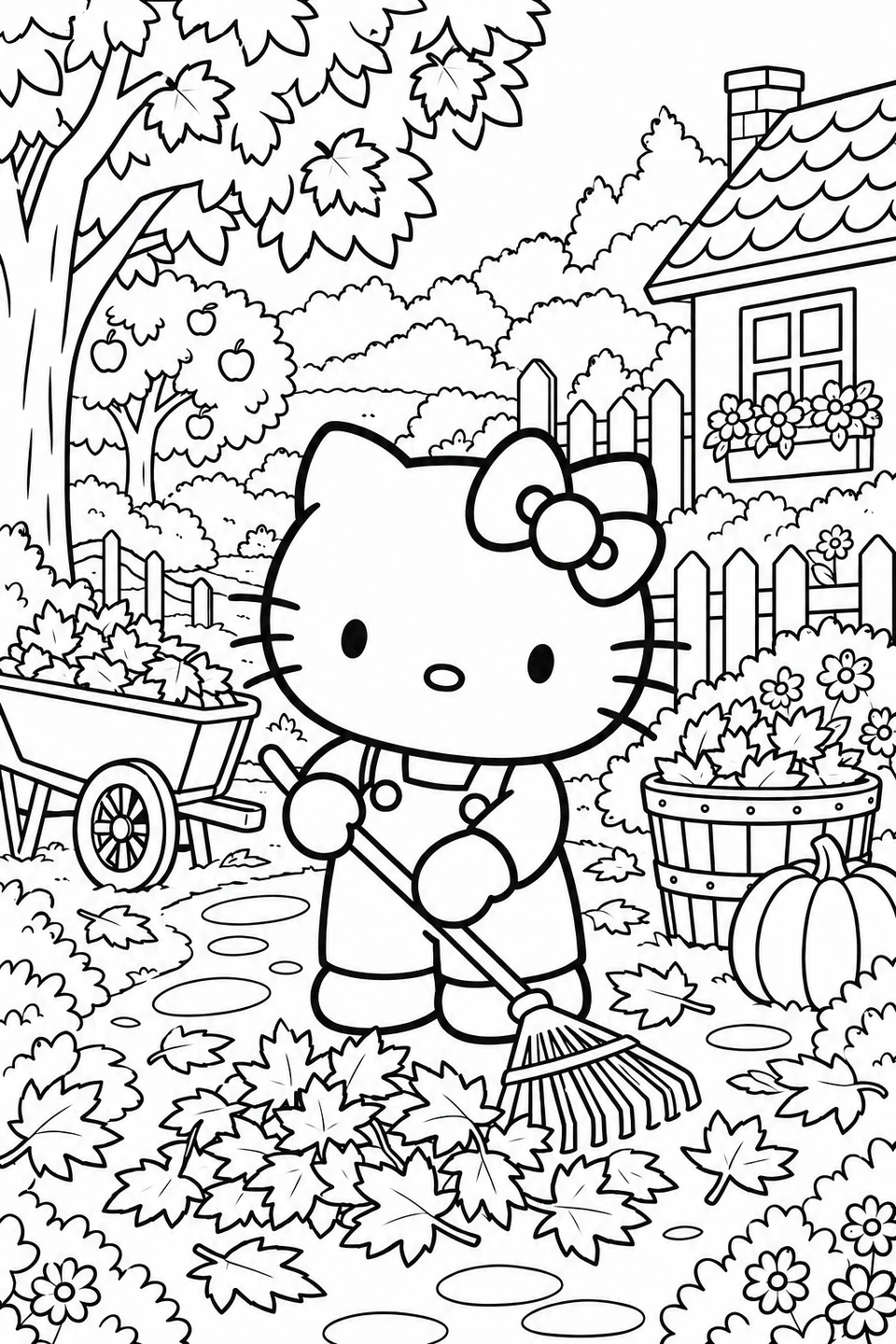 Hello Kitty harkt gevallen bladeren bij elkaar op het tuinpad. Bij het huisje staan een kruiwagen, een houten kuip vol bladeren en een pompoen.