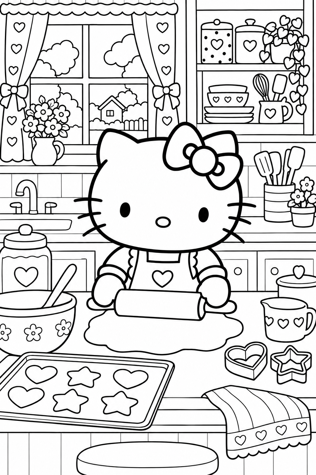 Hello Kitty rolt deeg uit in een gezellige keuken. Op het aanrecht liggen hart- en stervormige uitstekers en een bakplaat met koekjes.