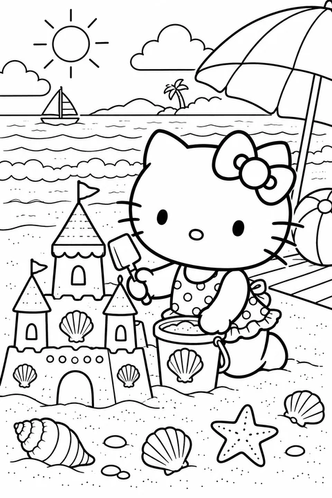 Hello Kitty knielt met een schepje en emmer naast een zandkasteel. Schelpen en rustige golven vullen het strandtafereel.