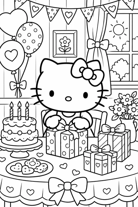 Hello Kitty houdt een ingepakt cadeau vast naast een verjaardagstaart. Ballonnen, vlaggetjes en meer cadeaus versieren het feest.