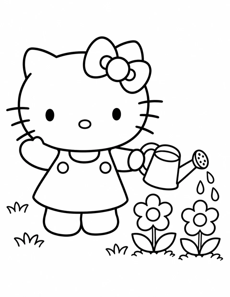 Hello Kitty waters two flowers in a simple garden.