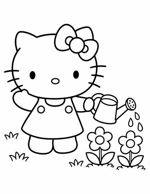 Hello Kitty waters two flowers in a simple garden.