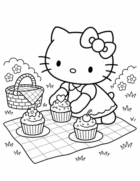 Hello Kitty sits by a picnic blanket with cupcakes and a basket.