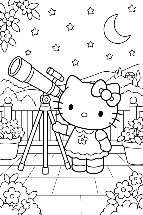 Hello Kitty staat naast een telescoop op een terras vol bloemen, onder een maansikkel en sterren.