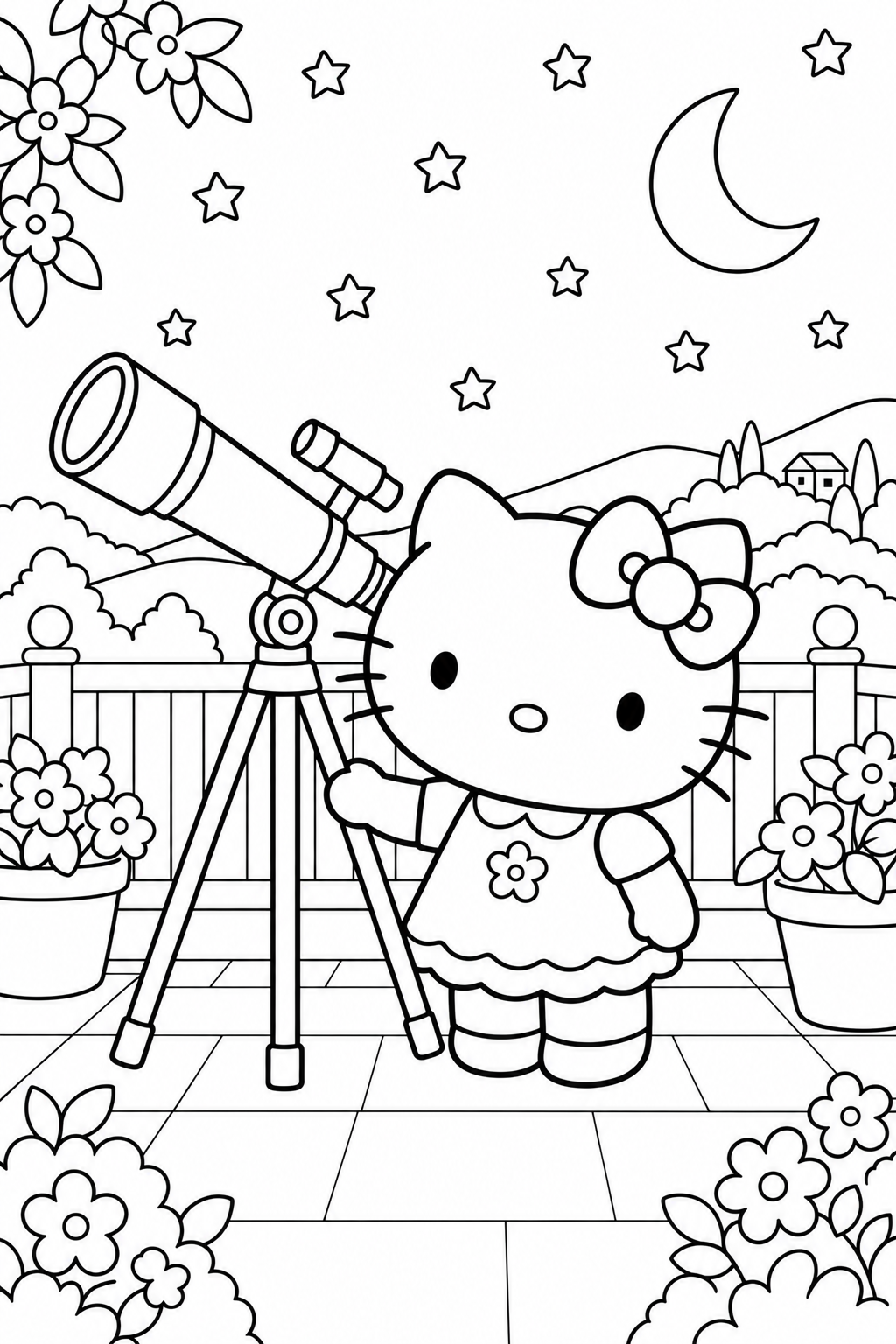 Hello Kitty staat naast een telescoop op een terras vol bloemen, onder een maansikkel en sterren.