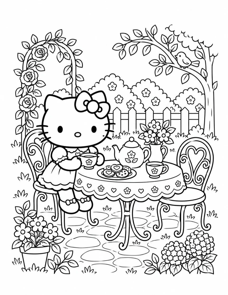 Hello Kitty enjoys tea at a table with cups, treats and garden details.