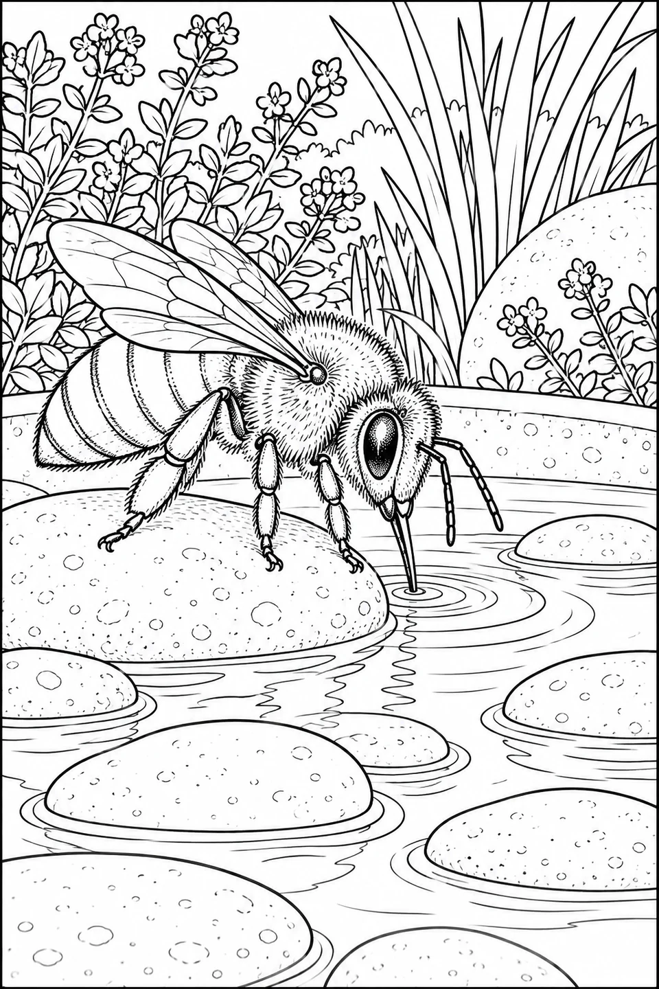 A honeybee touches the water from a protruding stone in a shallow dish, with ripples, other stones and flowering plants.