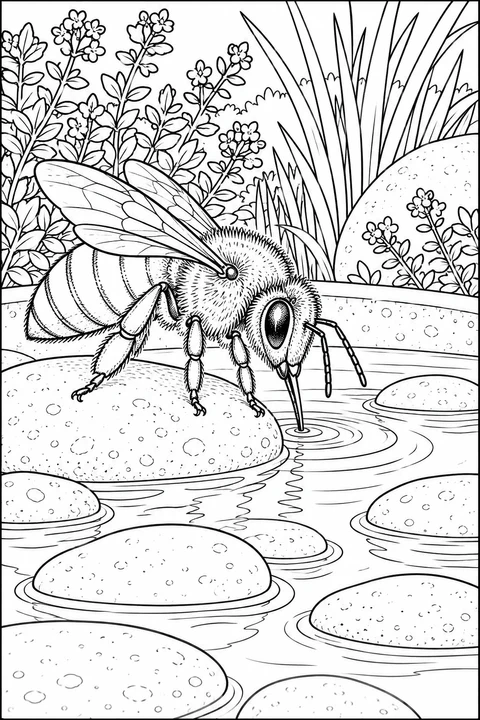 A honeybee touches the water from a protruding stone in a shallow dish, with ripples, other stones and flowering plants.