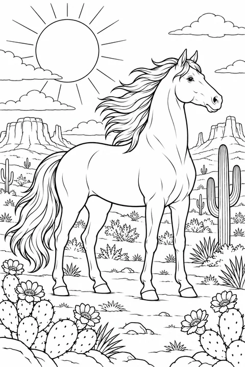 Un cavallo sta tra cactus in fiore sotto un grande sole, con formazioni rocciose dalla cima piatta in lontananza.