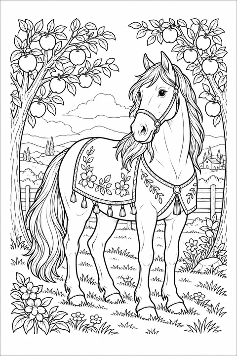 Pferd mit Blumendecke im Obstgarten