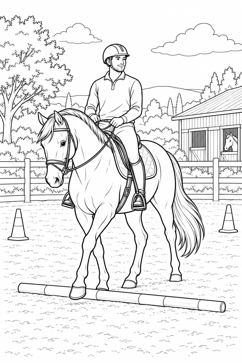 Un hombre con casco monta un caballo que pasa sobre una barra en el suelo, en una pista con conos, cerca y establo.