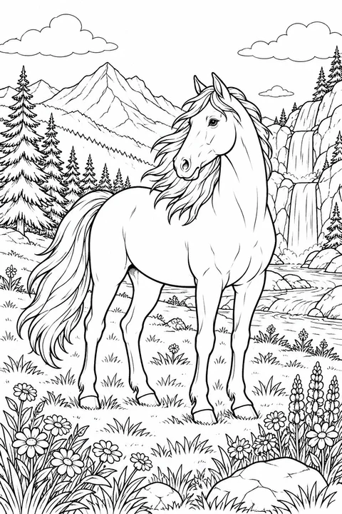 Un cavallo dalla lunga criniera sta tra i fiori accanto a una cascata, con pini e montagne sullo sfondo.
