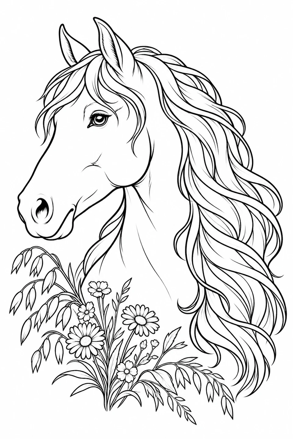 Paardenportret met haver en veldbloemen