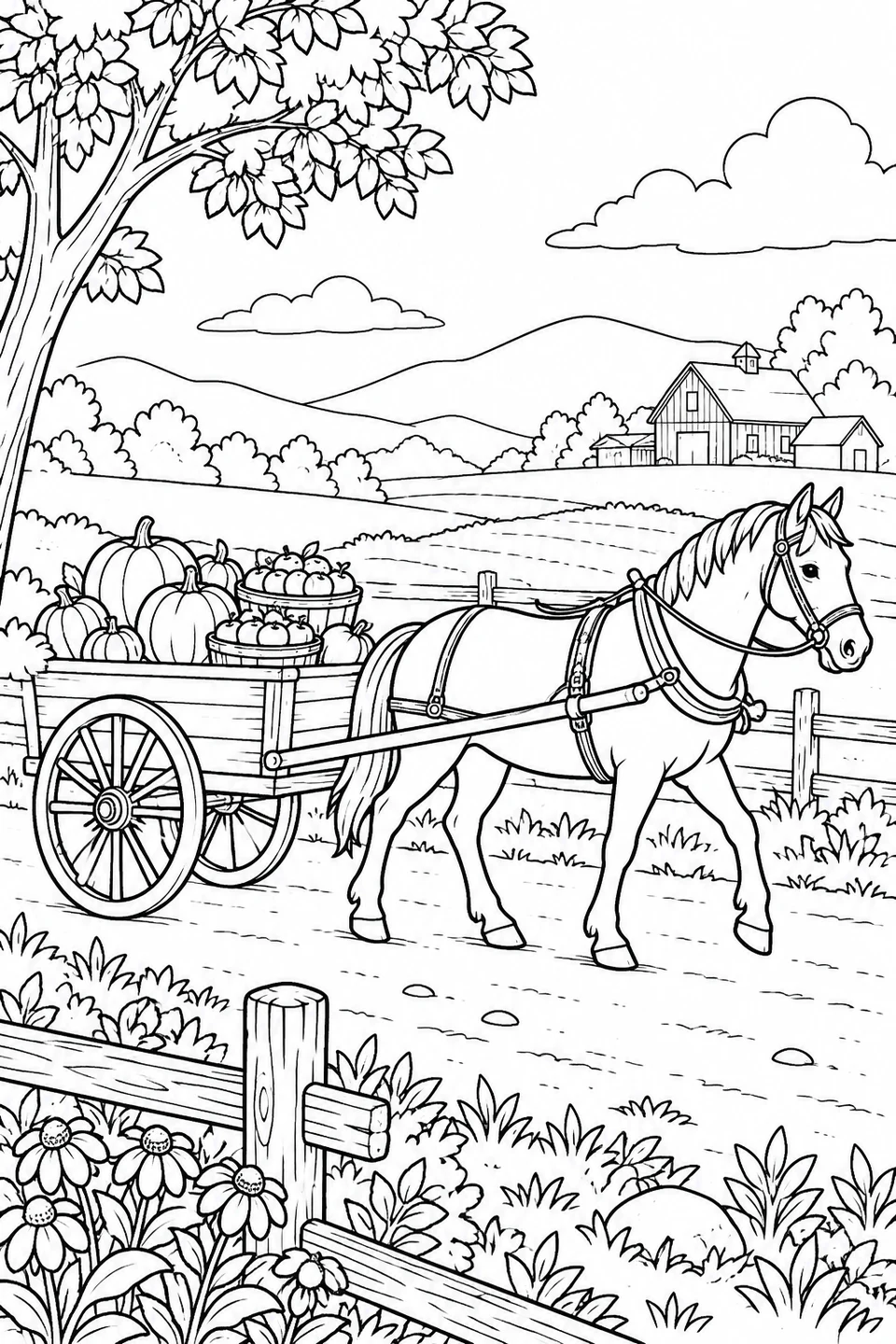 A harnessed horse pulls a wooden cart filled with pumpkins and baskets of apples along a farm lane.