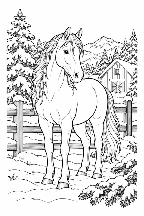 Pferd auf der verschneiten Koppel
