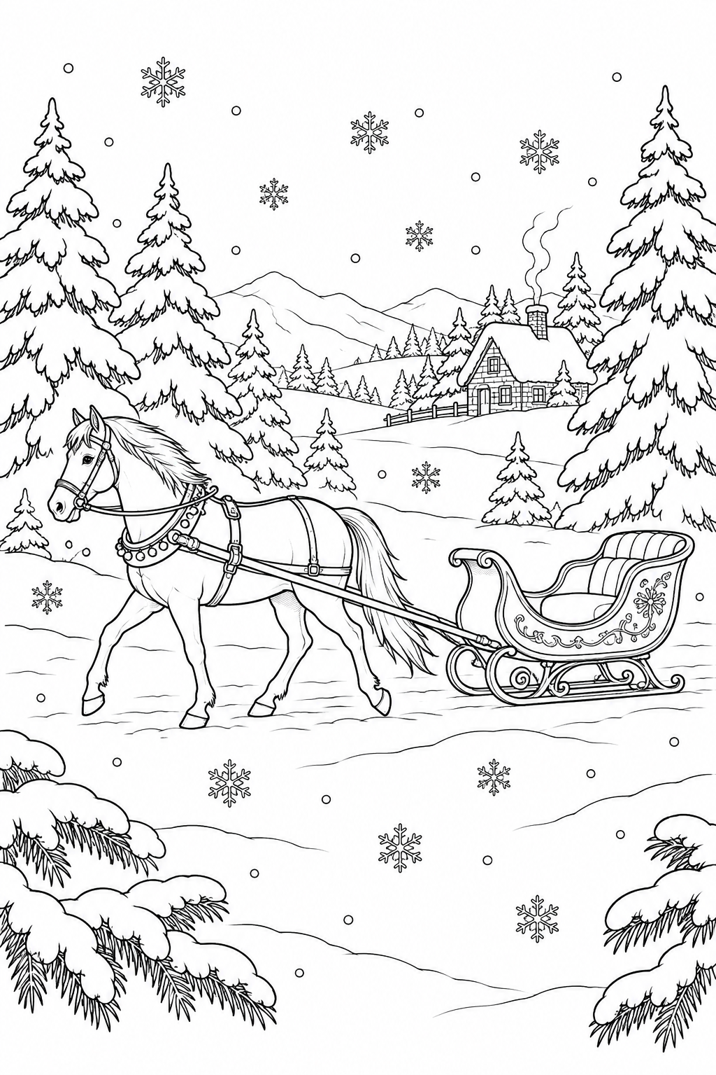 Ein Pferd zieht einen leeren verzierten Schlitten zwischen verschneiten Kiefern, im Hintergrund steht eine Hütte und Schneeflocken fallen vom Himmel.