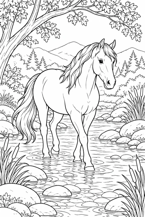 Ein Pferd geht durch einen flachen Bach zwischen glatten Steinen und Schilf unter gewölbten Ästen.
