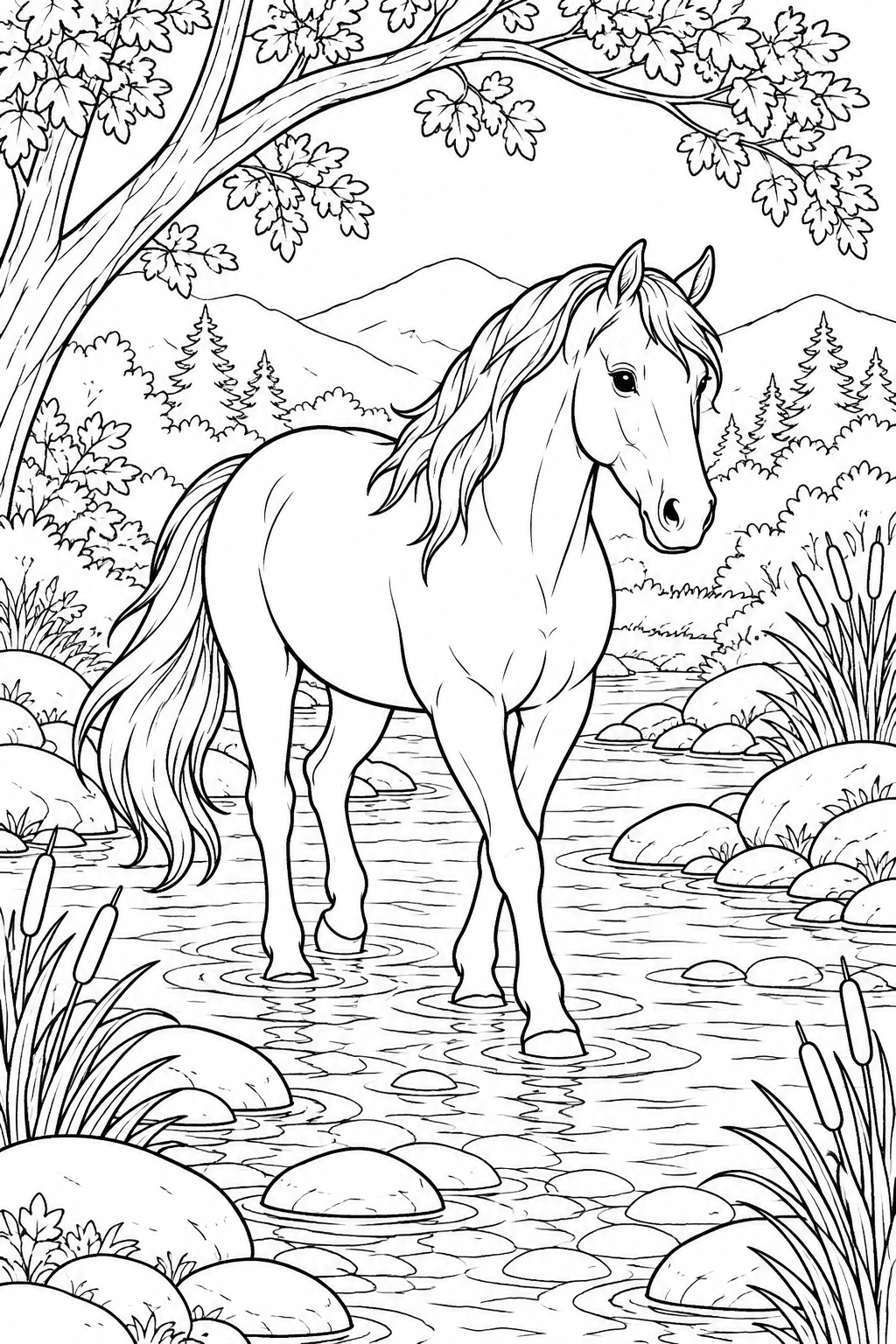 Ein Pferd geht durch einen flachen Bach zwischen glatten Steinen und Schilf unter gewölbten Ästen.