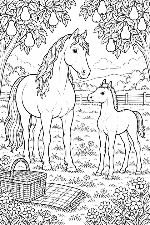 Ein Pferd und ein Fohlen stehen unter Birnbäumen neben einem Picknickkorb und einer karierten Decke, umgeben von Blumen.