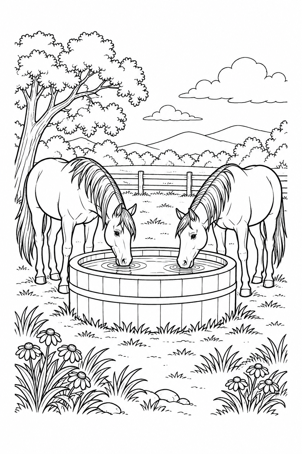Zwei Pferde trinken am Wassertrog