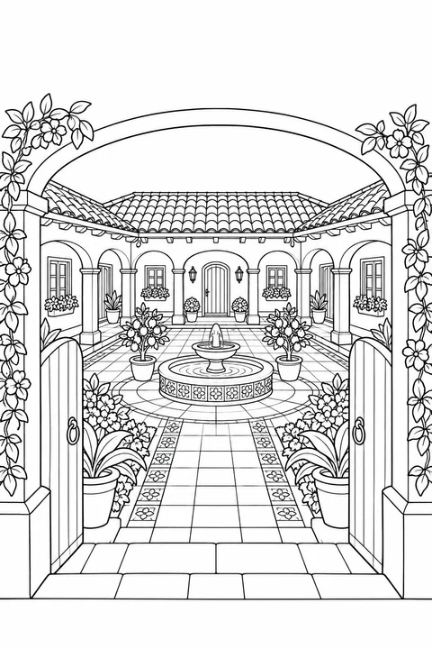 An open arch reveals a courtyard home with a round fountain, tiled paths, potted citrus trees and shaded arcades.
