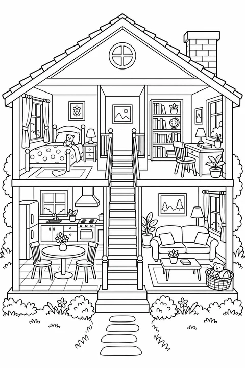 An open cutaway shows a kitchen, living room, bedroom and study connected by a central staircase.