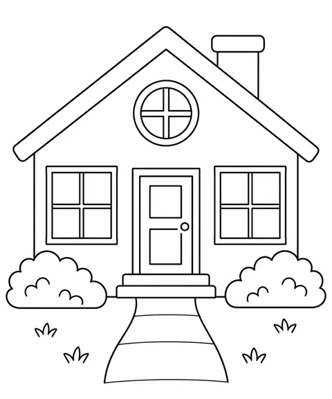 Ein kleines Haus hat ein rundes Dachfenster, zwei vordere Fenster und einen kurzen Weg.